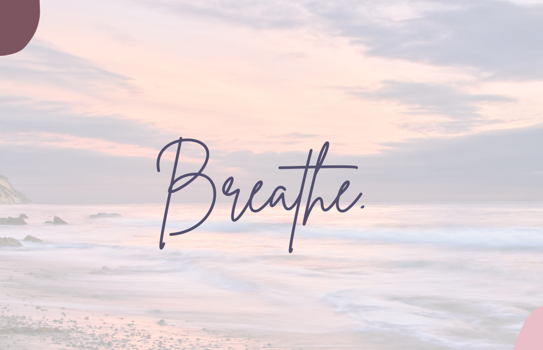 Soft pastel beach scene with the word “Breathe” over calm ocean waves and @presenceofmindtherapy.