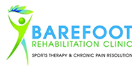 Logo for Barefoot Rehabilitation Clinic, featuring a green figure, blue text, and a leaf design.