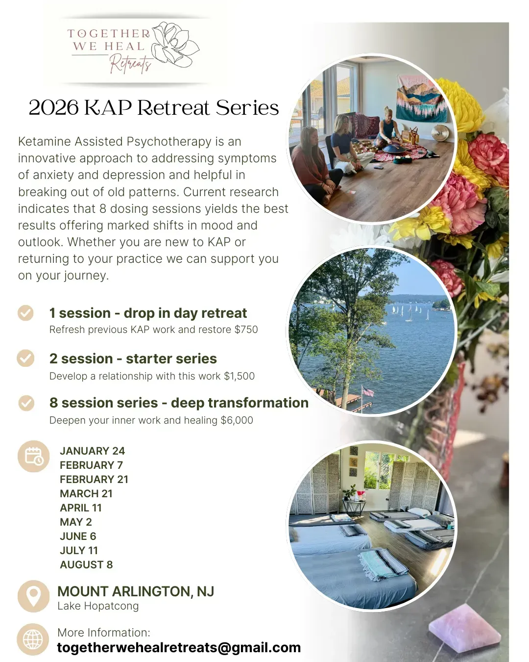 Flyer for the 2026 KAP Retreat Series in Mount Arlington, NJ, detailing session options, dates, and contact information.