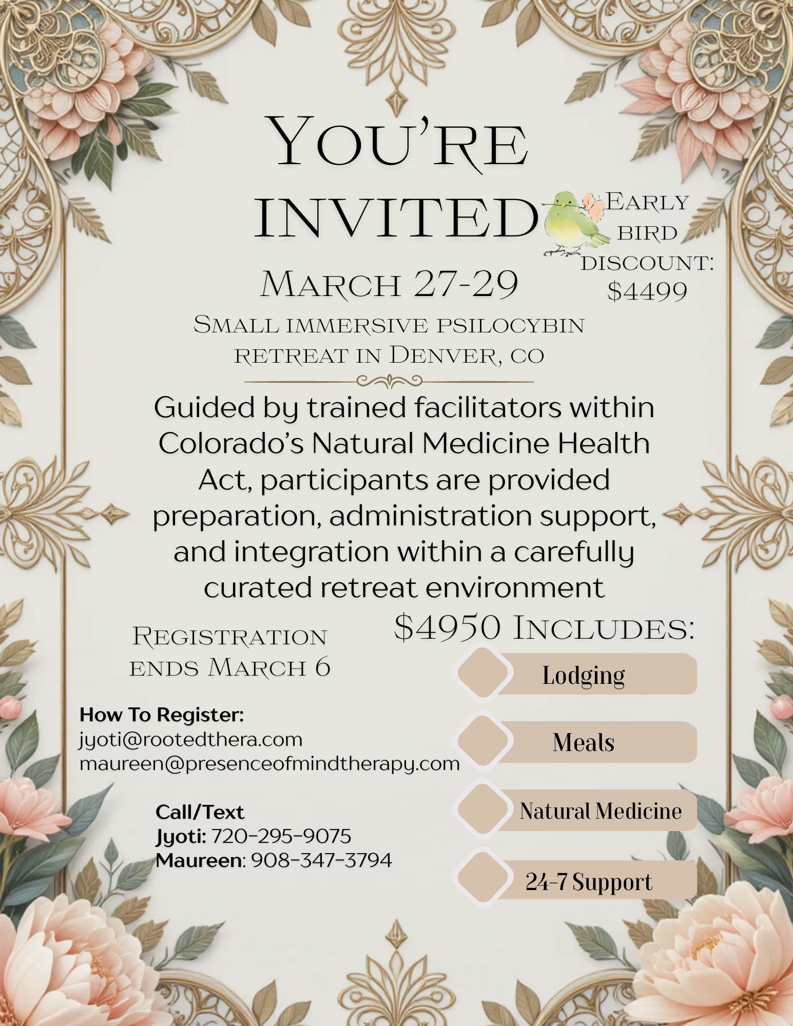 Event flyer for a March 27-29 immersive retreat in Denver, CO, featuring registration details and included amenities.