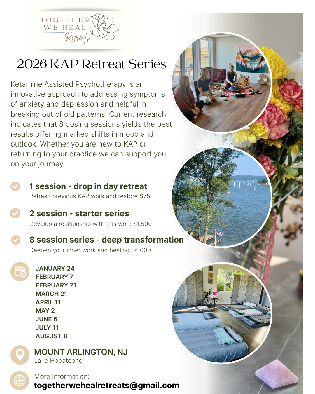 Promotional poster for 2023 KAP Retreat Series, listing retreat types, dates, and location in Mount Arlington, NJ.