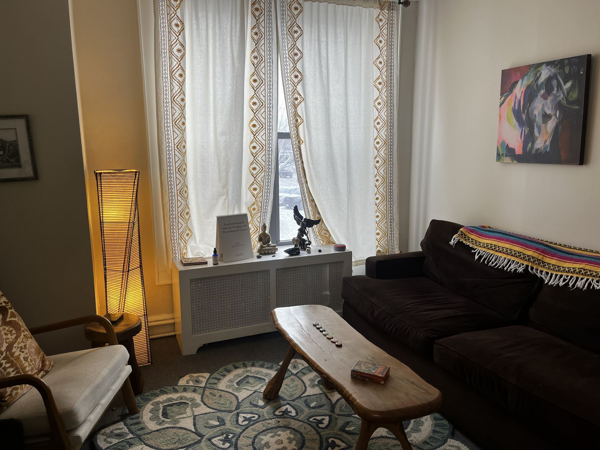 A cozy living room with a dark couch, patterned rug, wooden coffee table, floor lamp, and white curtains.