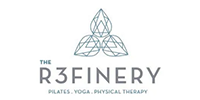 Logo for The R3FINERY, a wellness center offering pilates, yoga, and physical therapy. Features geometric floral-like graphic above text.