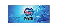 The padi logo is on a blue background with bubbles in the water.