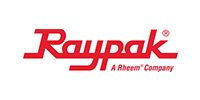 A red logo for raypak a reem company on a white background.