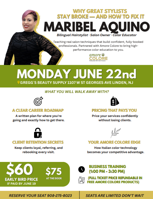 Flyer for Maribel Aquino’s Monday, June 22nd beauty event with services, prices, and contact details.