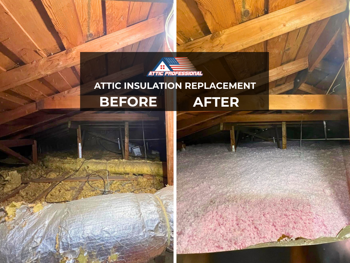 Before and after attic insulation replacement with new blown-in fiberglass in a San Diego attic