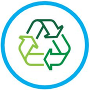 A green and blue recycling symbol in a blue circle.