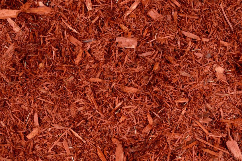 A pile of red mulch is sitting on the ground.