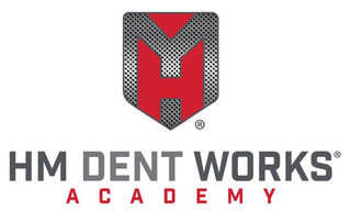 HM Dent Works Academy logo with red and gray shield emblem and gray text on white background