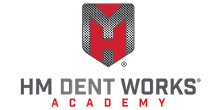 HM Dent Works Academy logo with red and gray shield emblem and gray text on white background