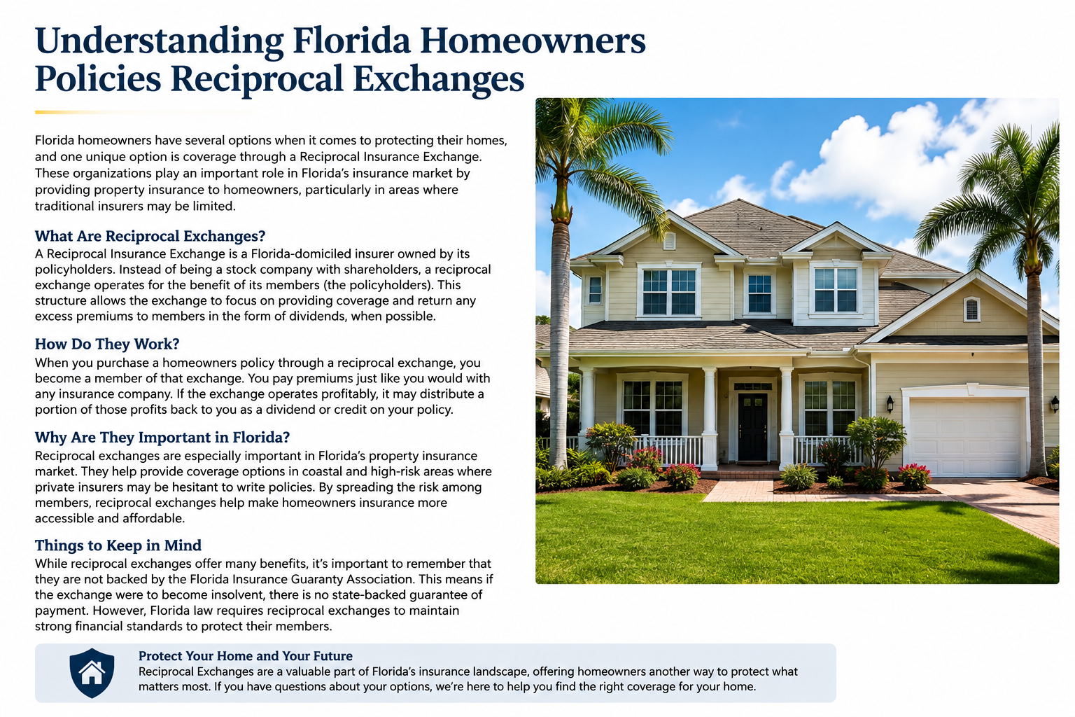 Florida homeowners insurance flyer with house photo and text about reciprocal exchanges