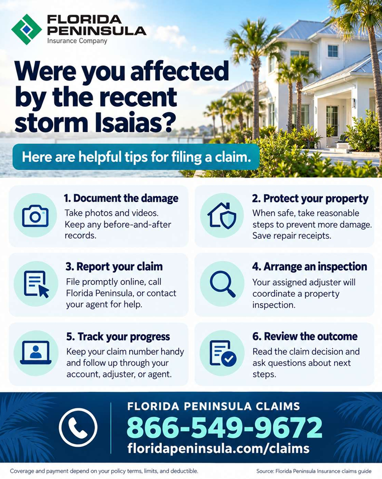 Florida Peninsula Insurance storm damage claim flyer with step-by-step filing tips and phone number for help
