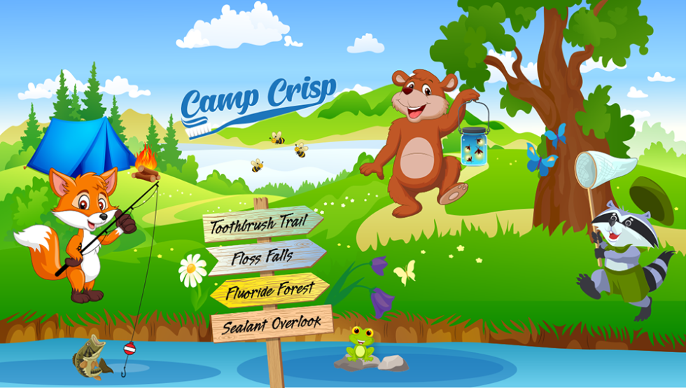 Camp Crisp scene: fox fishing, bear with lantern, raccoon with net, frog, sign for trails.