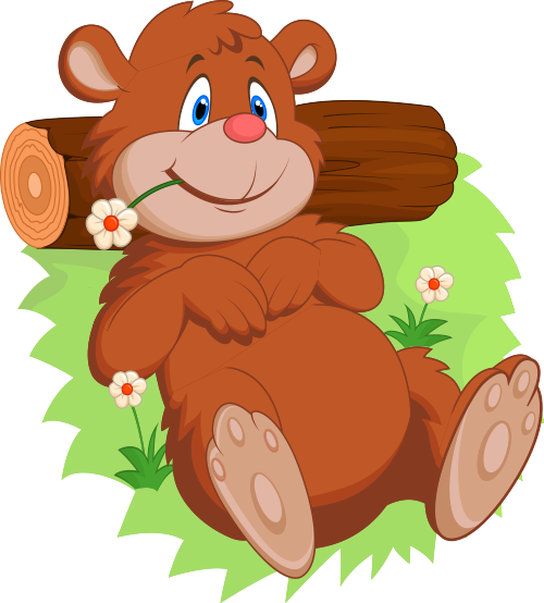 Cartoon bear relaxing on grass, holding flower, with log behind.