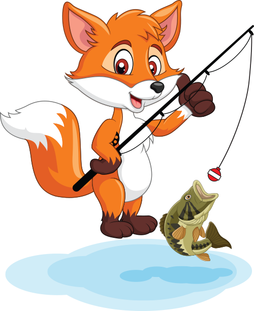 Cartoon fox fishing, smiling, with orange fur, white-tipped tail, and a surprised fish on the line.
