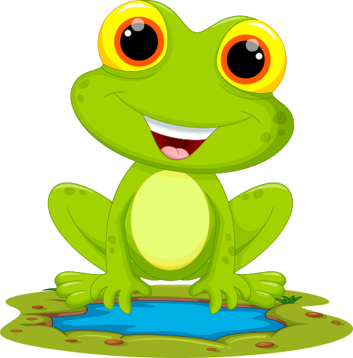 Green cartoon frog with big yellow eyes smiles, sitting by a small pond.