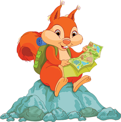 Squirrel hiker, orange fur, backpack, looks at map on a blue-green rock.
