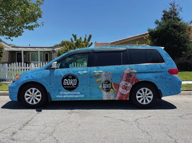 A blue minivan is parked on the side of the road.