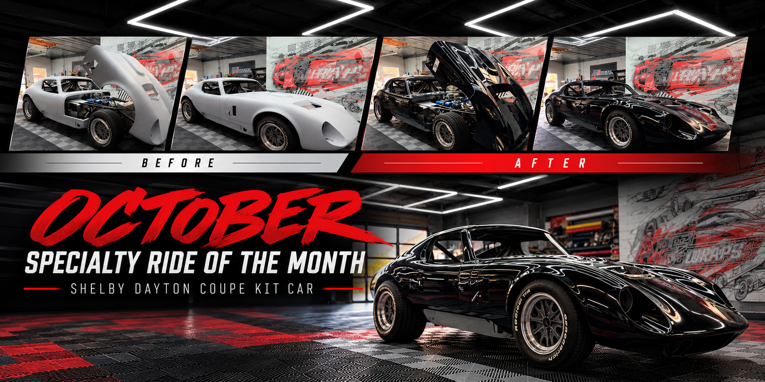 October special ride of the month poster featuring a black sports car collage and bold red text.