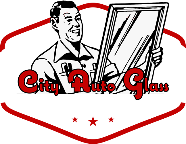 City Auto Glass logo: Smiling man holding a car window, red text on a red and white background.