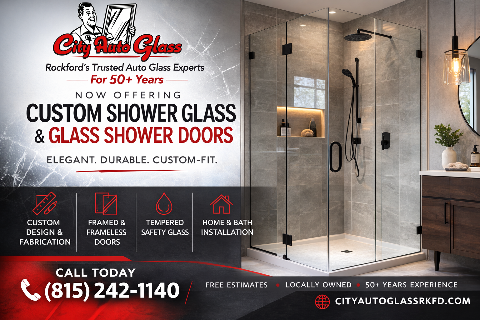 A City Auto Glass advertisement for custom shower glass and doors, featuring a modern glass shower and contact information.