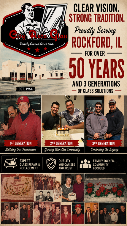 Poster celebrating Rockford, IL, with 50 years, collage of people, photos, and city landmarks on a black-red background.