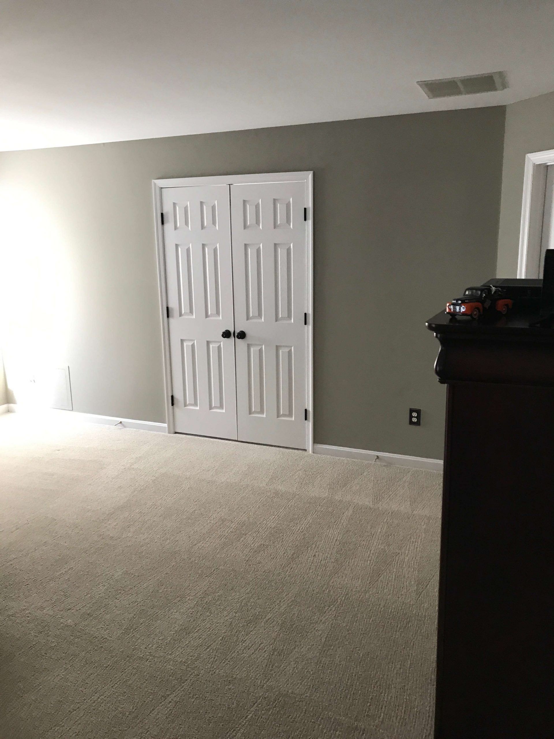 A bedroom with a carpeted floor, two white doors, and a gray wall.
