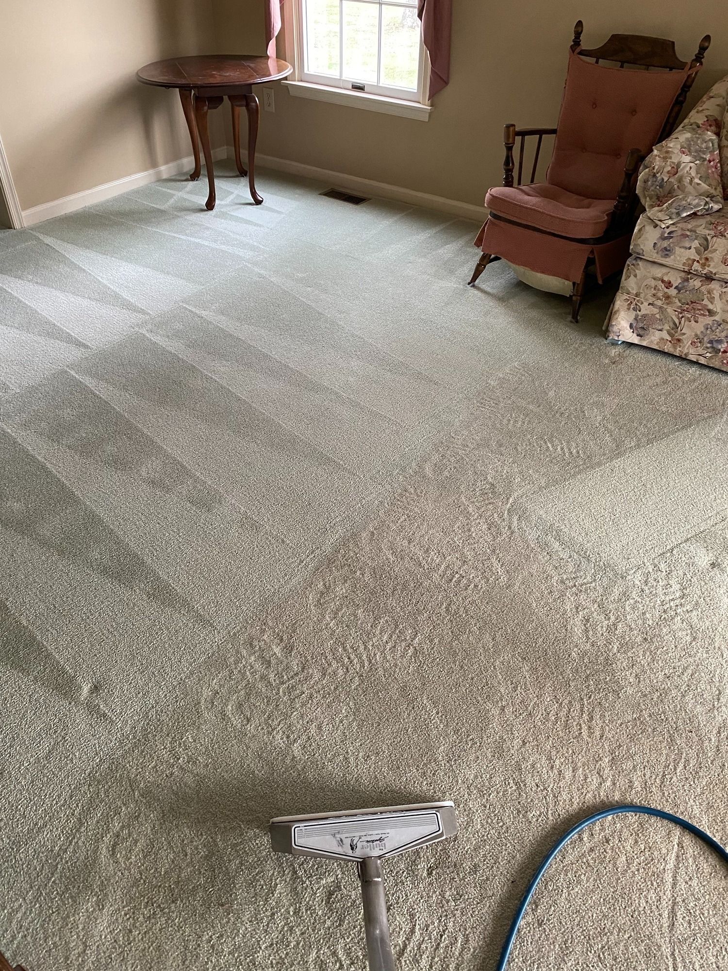 Carpet cleaning in a room with furniture and a window.