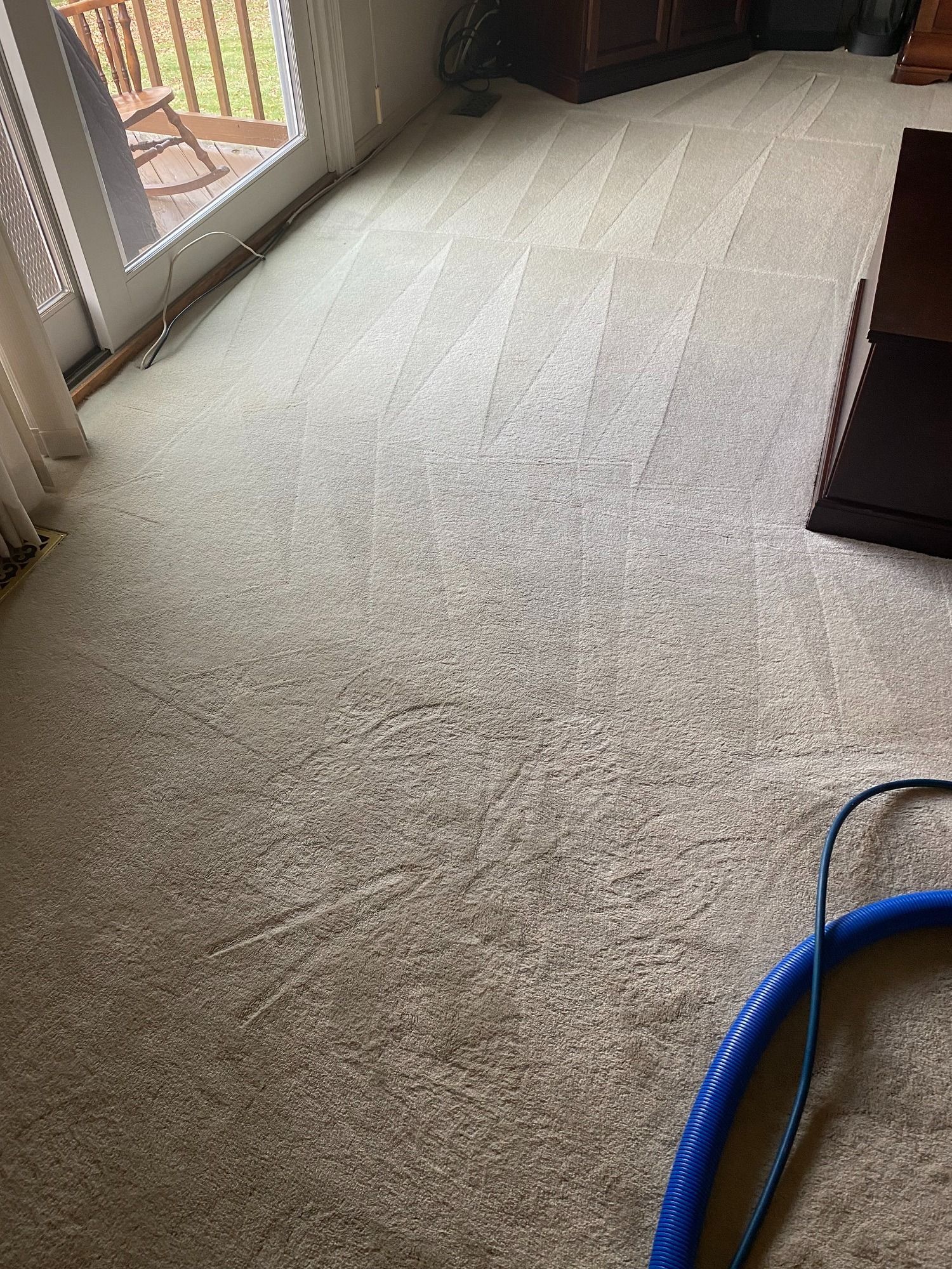 Beige carpeted floor, partially cleaned. A blue hose lies on the carpet near a dark brown table and a patio door.