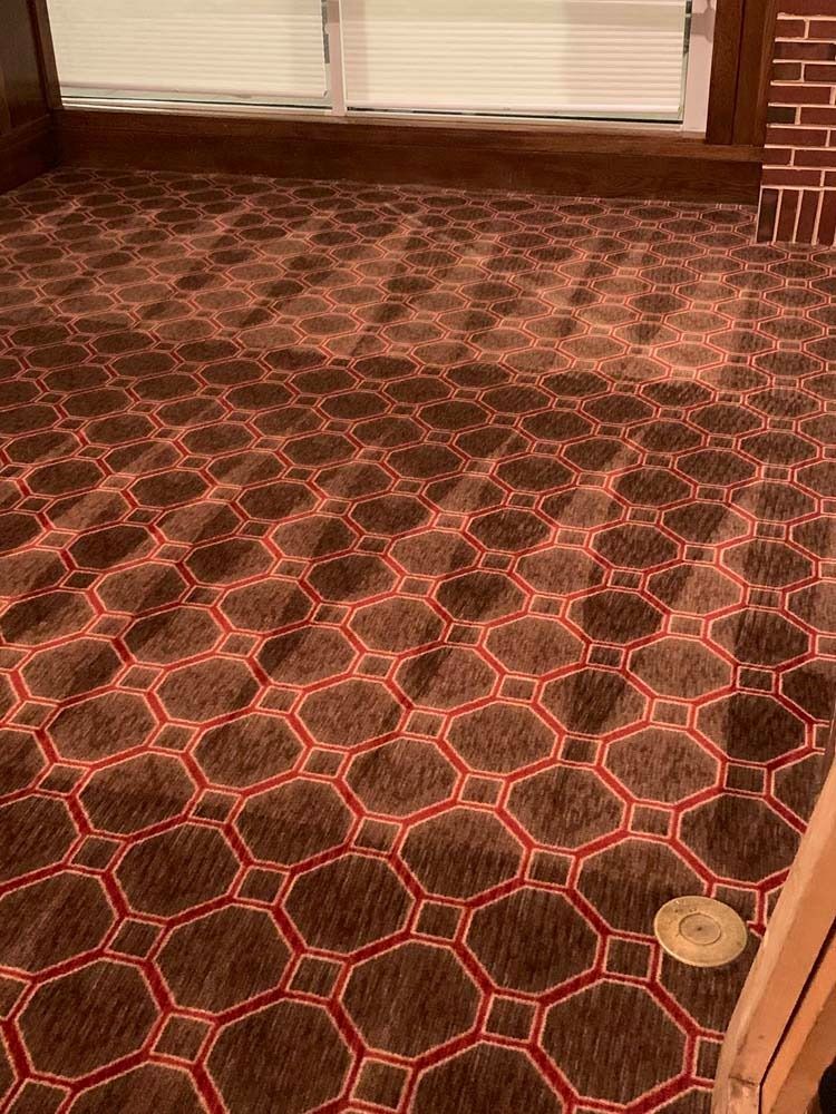 Red and brown patterned carpet in a room with a window and a brick accent.