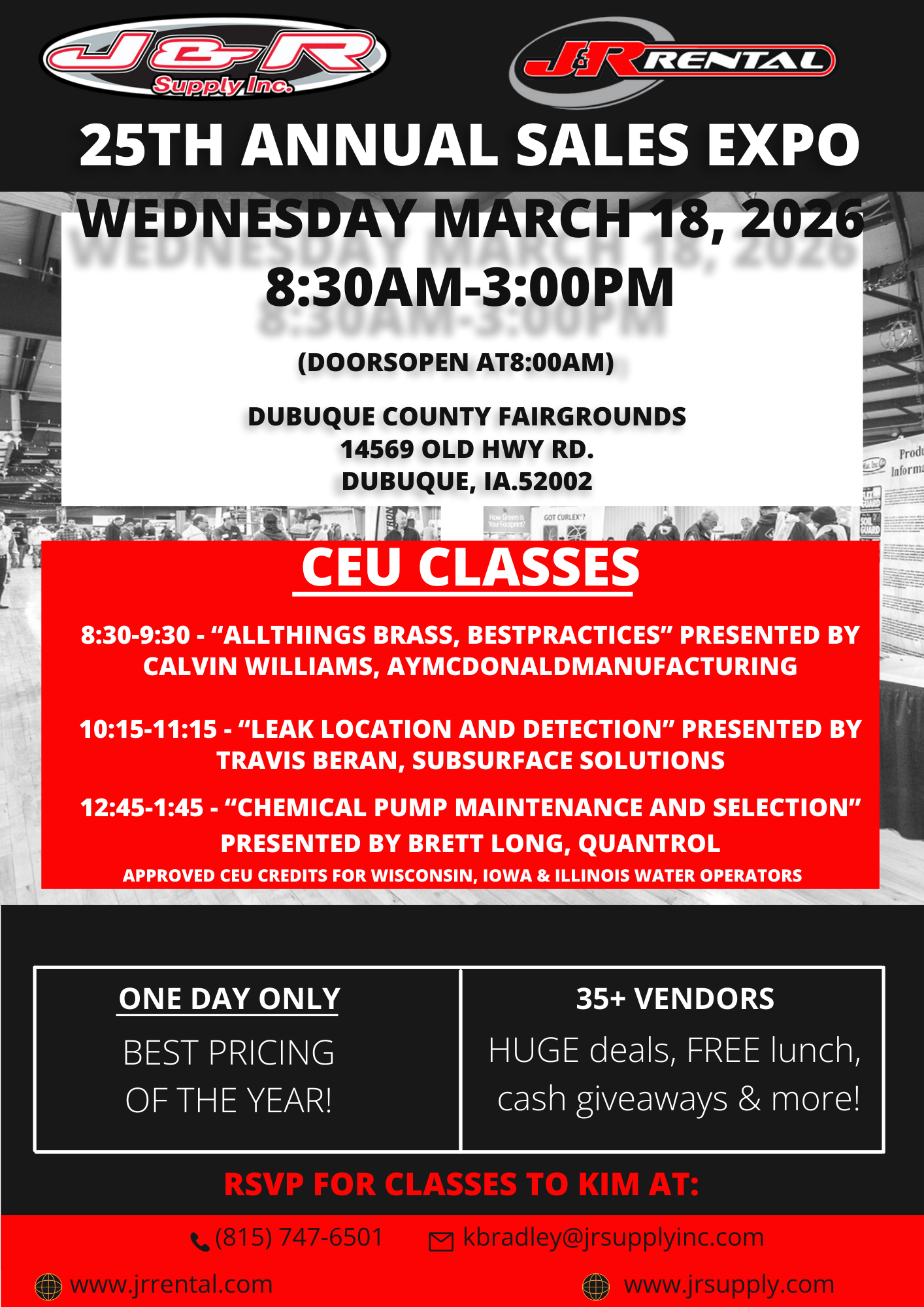 Poster for the 25th Annual Sales Expo in Dubuque, IA, on March 18, 2026, with CEU classes, vendors, and giveaways.