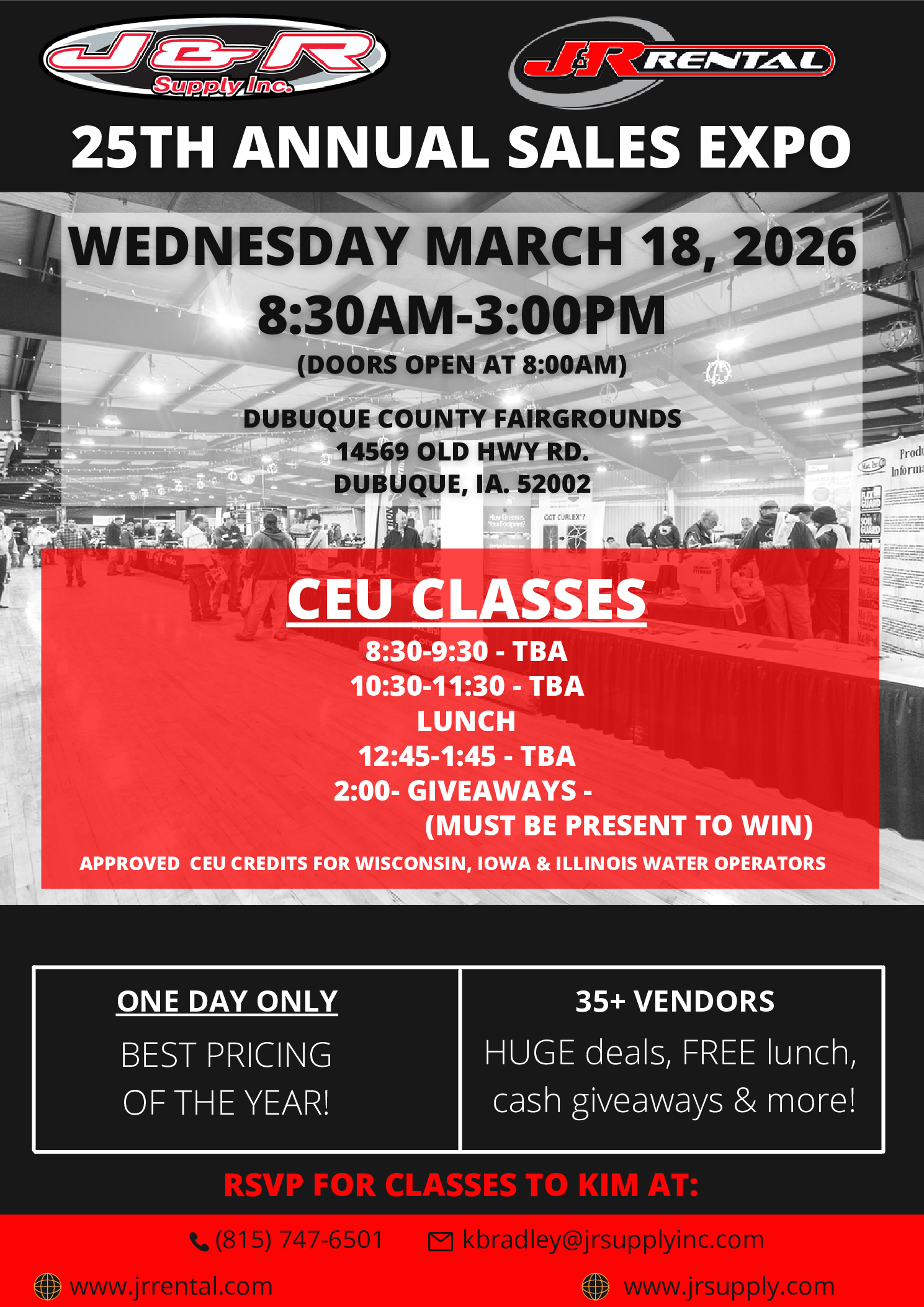 Poster for the 25th Annual Sales Expo in Dubuque, IA, on March 18, 2026, with CEU classes, vendors, and giveaways.