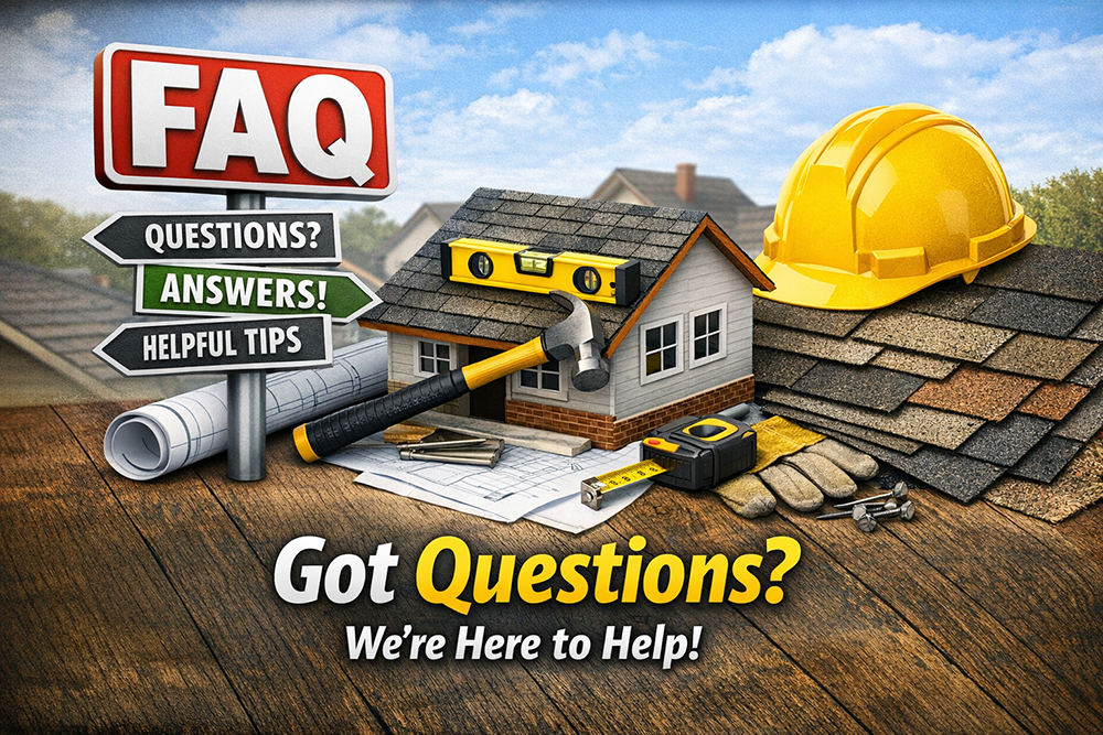 A construction-themed FAQ graphic with a model house, tools, a yellow hard hat, and the text 