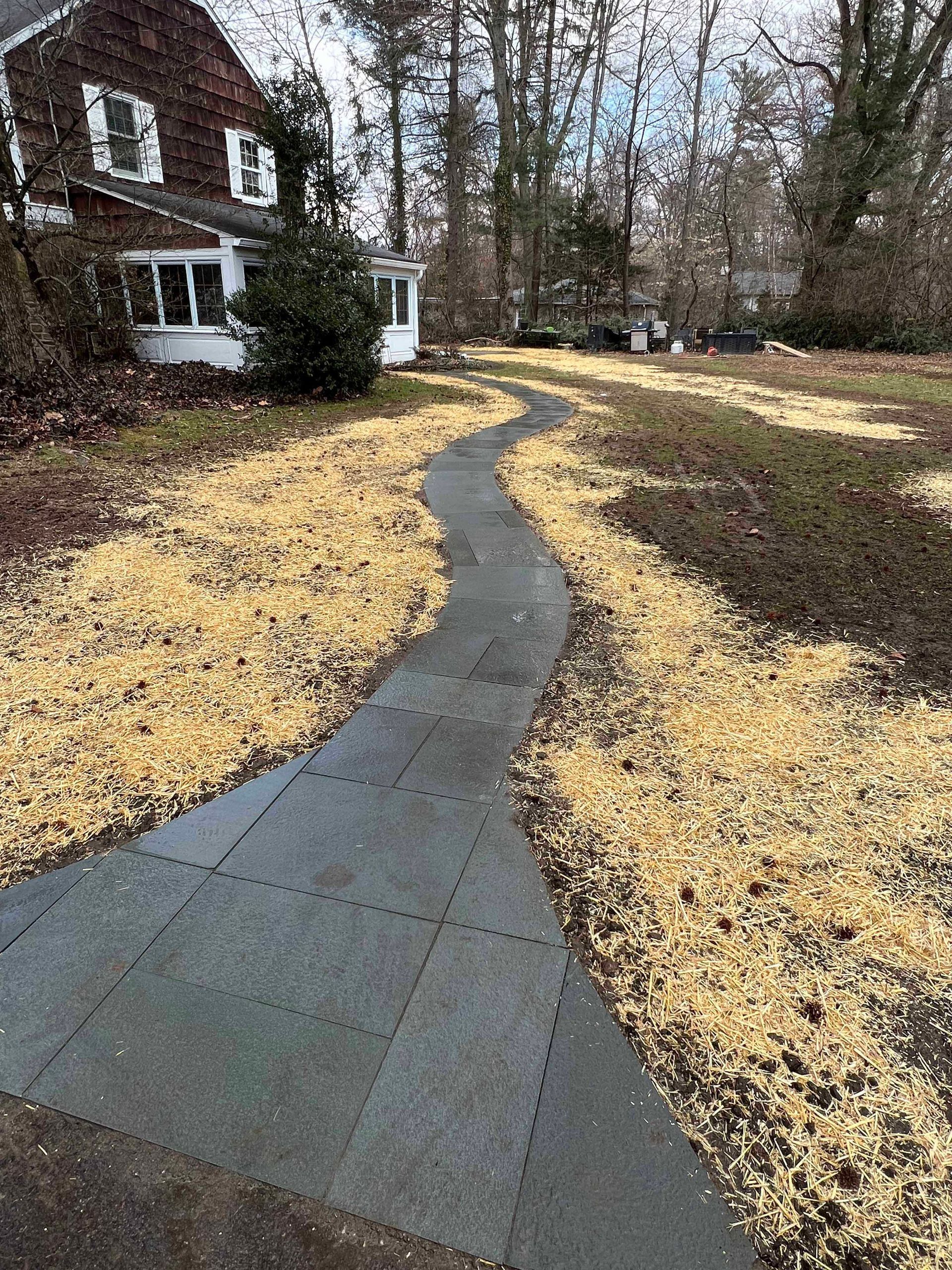 A walkway leading to a house with a lot of leaves on the ground.