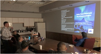 People in a meeting room, watching a presentation on a screen with the title 