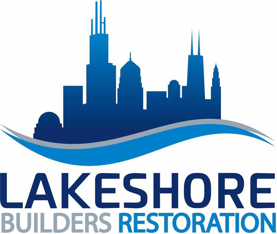 Logo for Lakeshore Builders Restoration; blue Chicago skyline over blue wave.