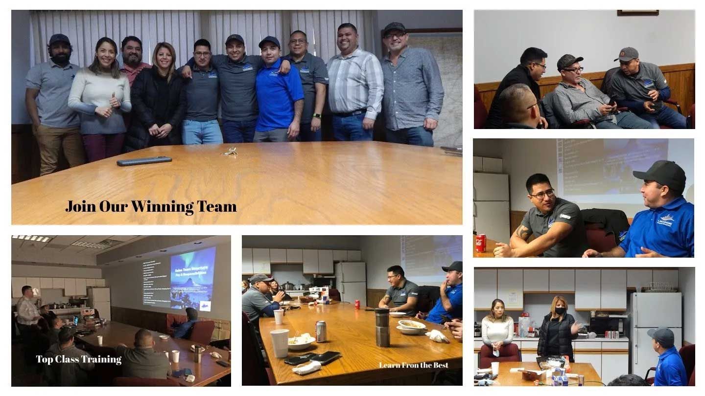 Collage of group photos: team members in an office setting; some at a table, some standing. Text: 