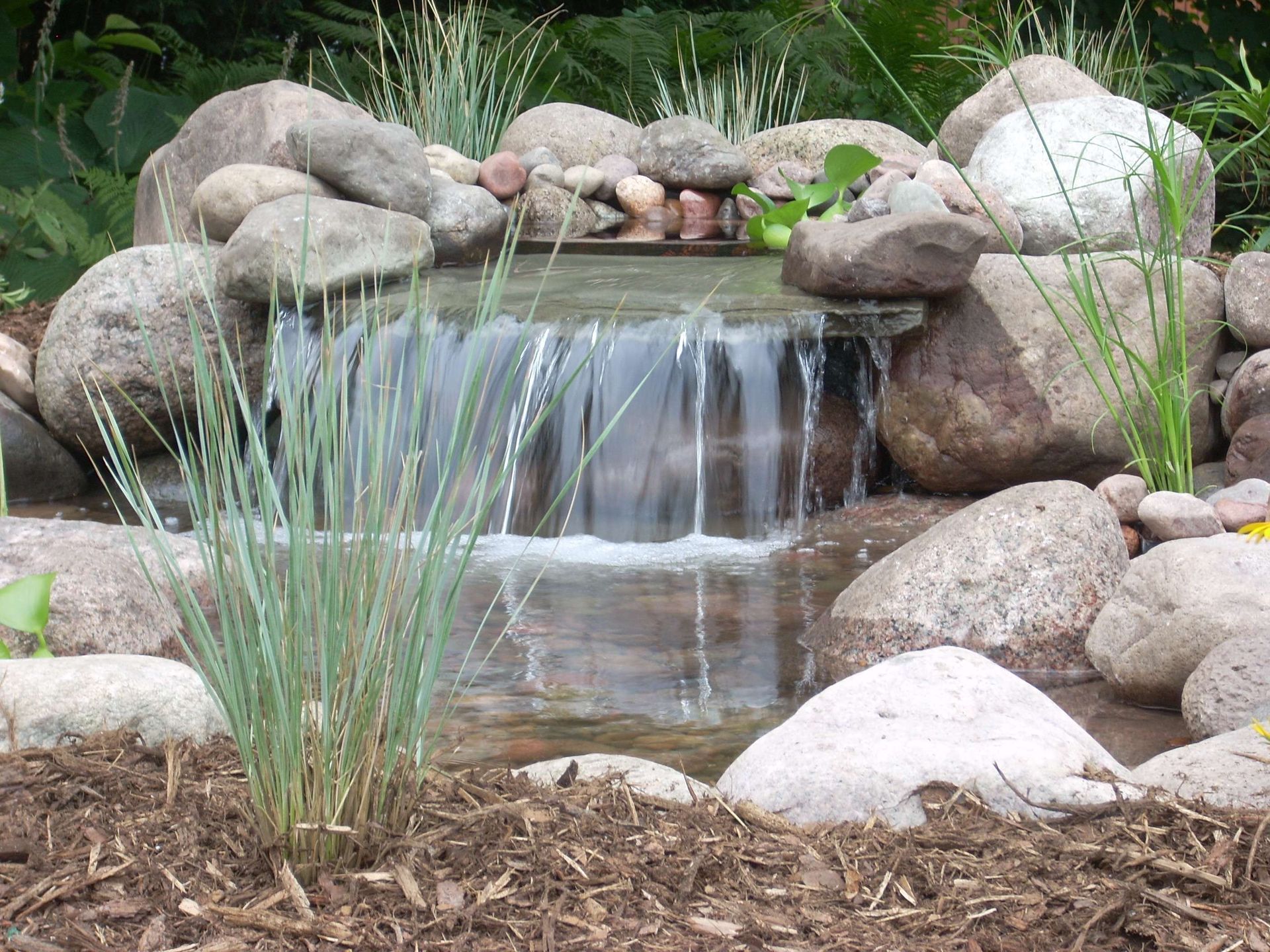 A small waterfall is surrounded by rocks and plants.