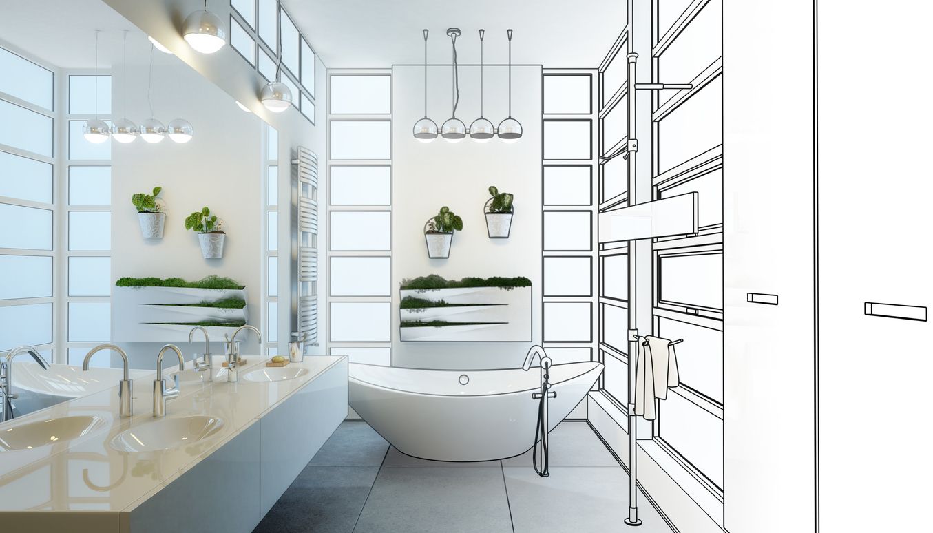Modern bathroom with partial sketch overlay; white surfaces, plants, freestanding tub, multiple windows.