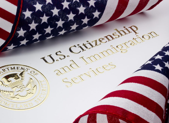 A u.s. citizenship and immigration services document with an american flag in the background