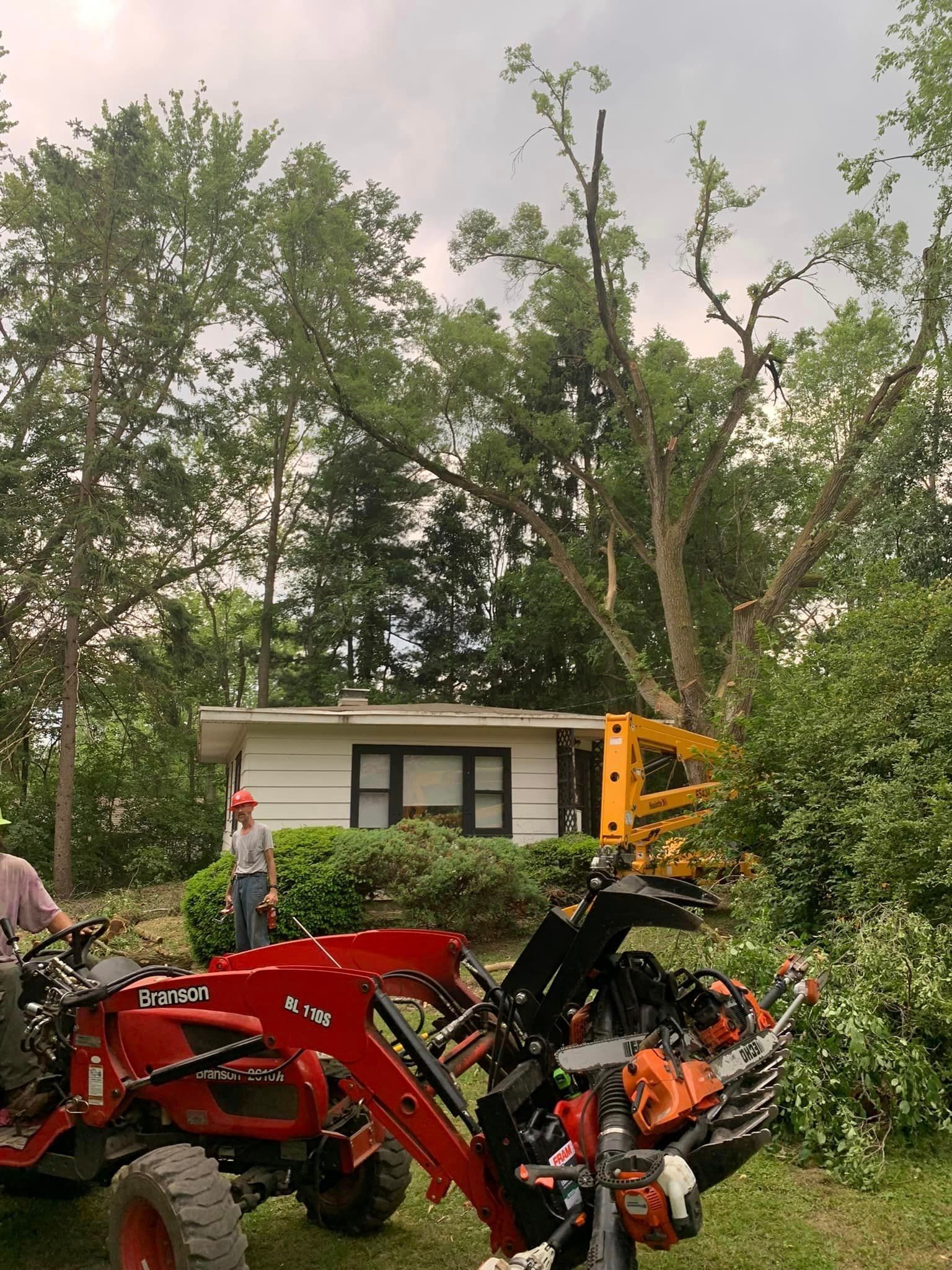 Red tractor and tree-cutting equipment near a house; worker with chainsaw cutting a tree. Overcast sky.