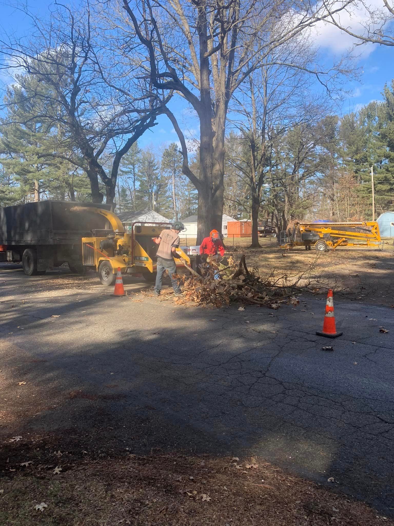 Two people feeding tree branches into a wood chipper. A truck and trees are visible in the background.