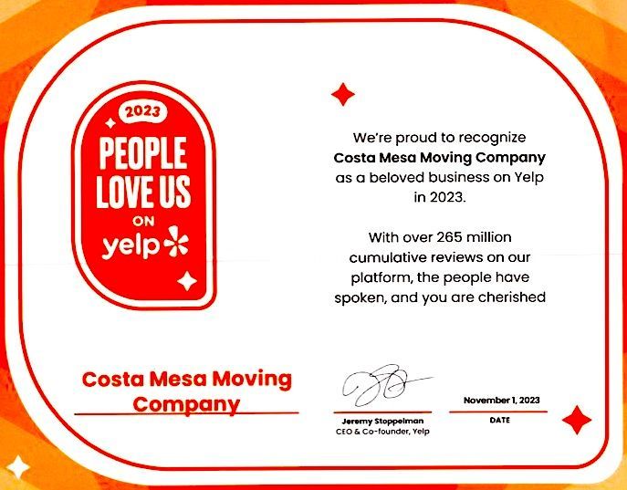 a certificate that says people love us on yelp