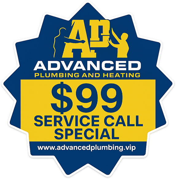 Blue and yellow Advanced Plumbing logo with a $99 service call special offer.