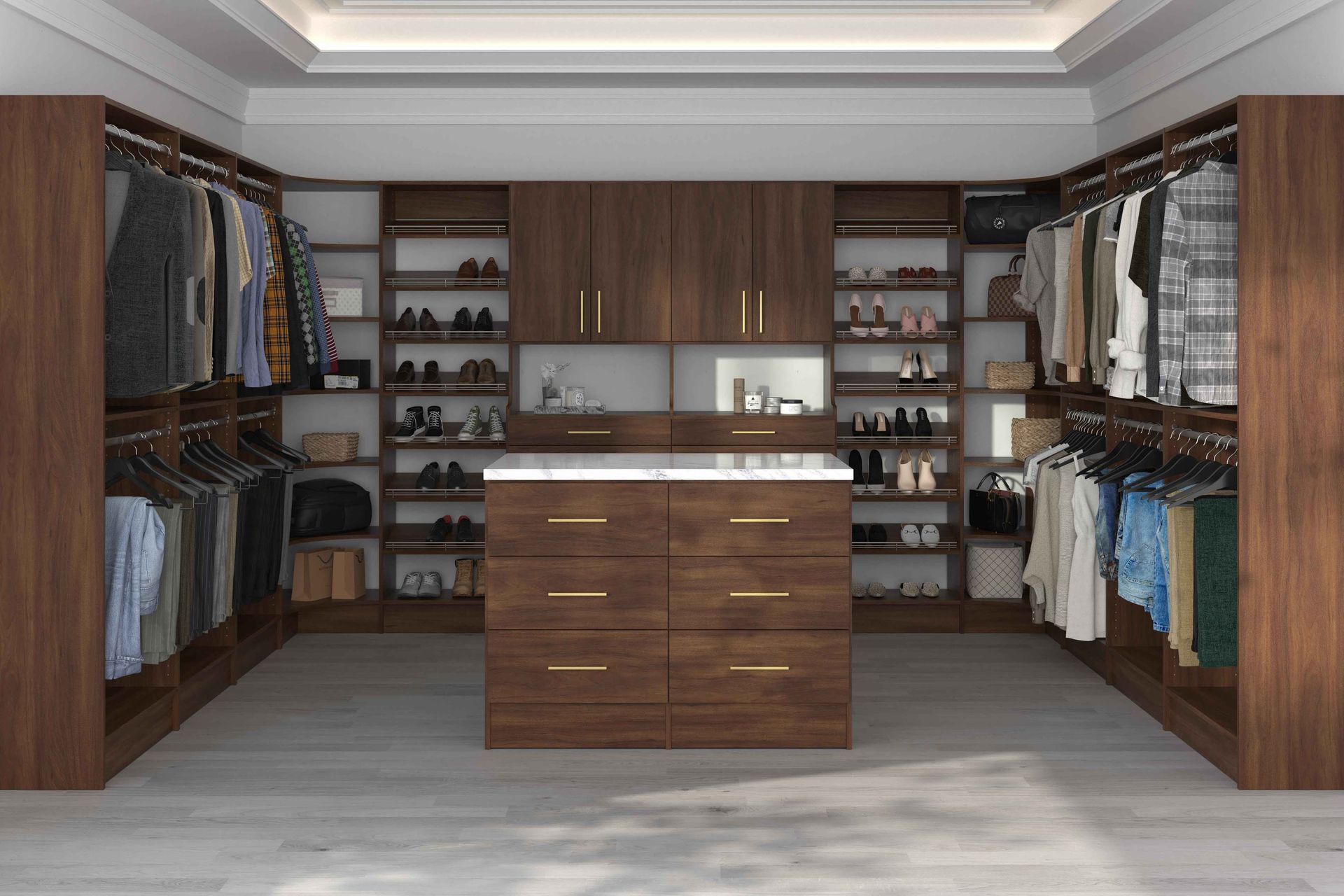 Walk-in closet with wooden shelves, drawers, and hanging clothes on both sides.
