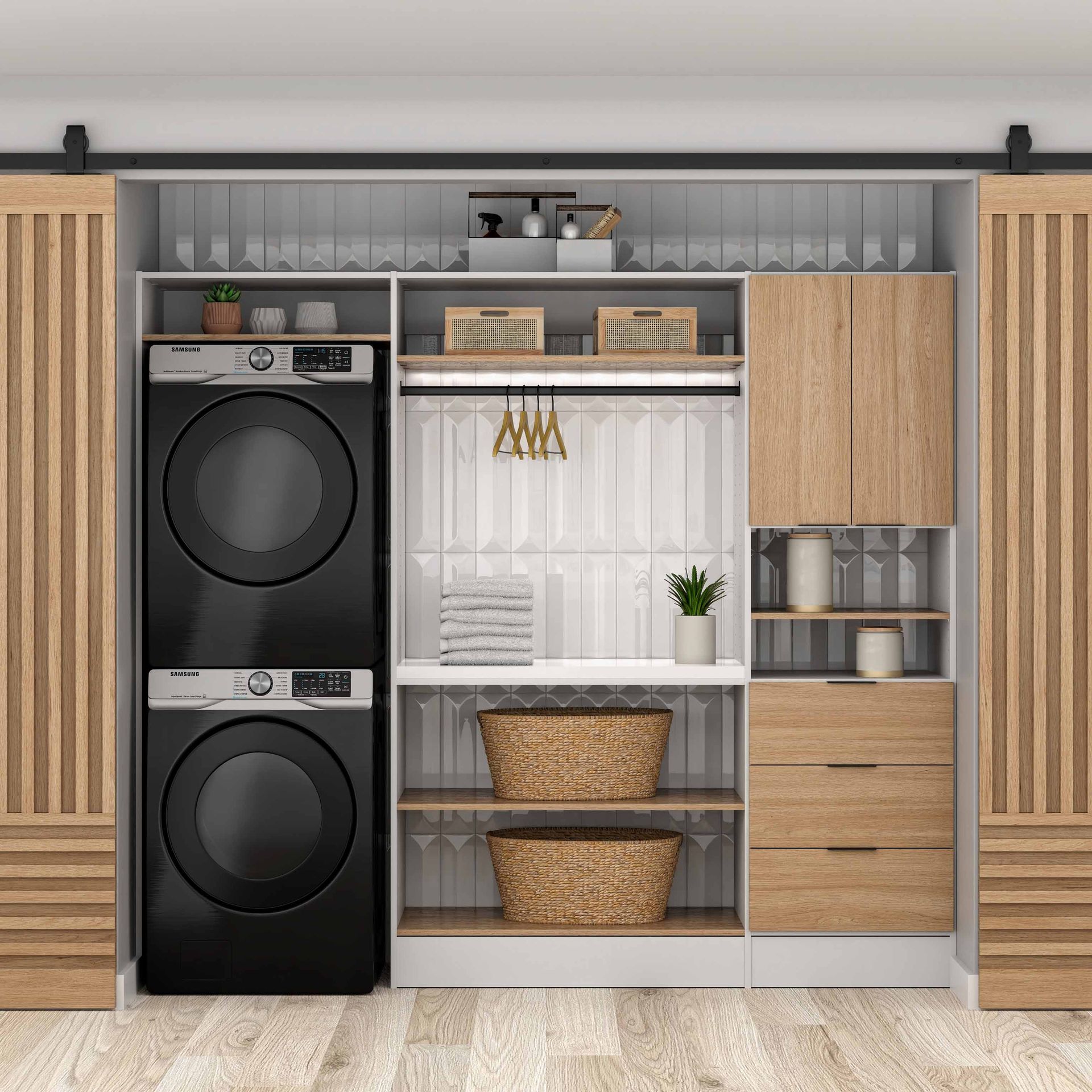 Laundry room with stacked black washer and dryer, open shelving, woven baskets, and wood cabinets