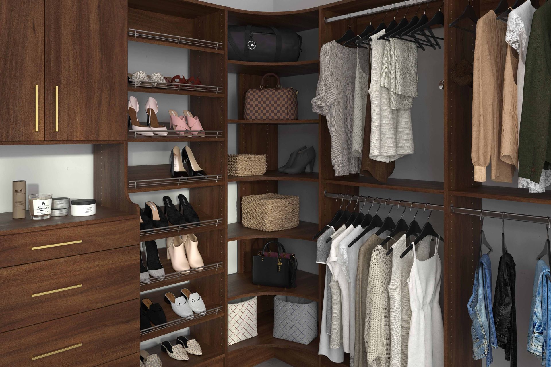 Walk-in closet with wooden cabinets, shelves, drawers, hanging clothes, shoes, and baskets