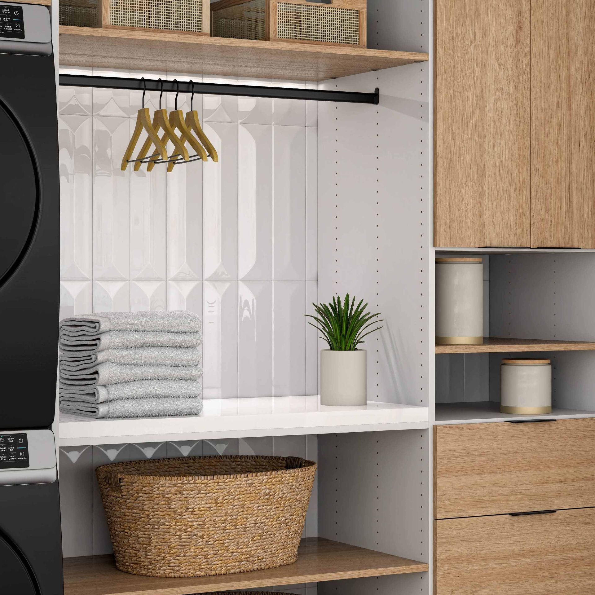 Built-in closet with shelves, hanging clothes, folded towels, baskets, and wood cabinets.
