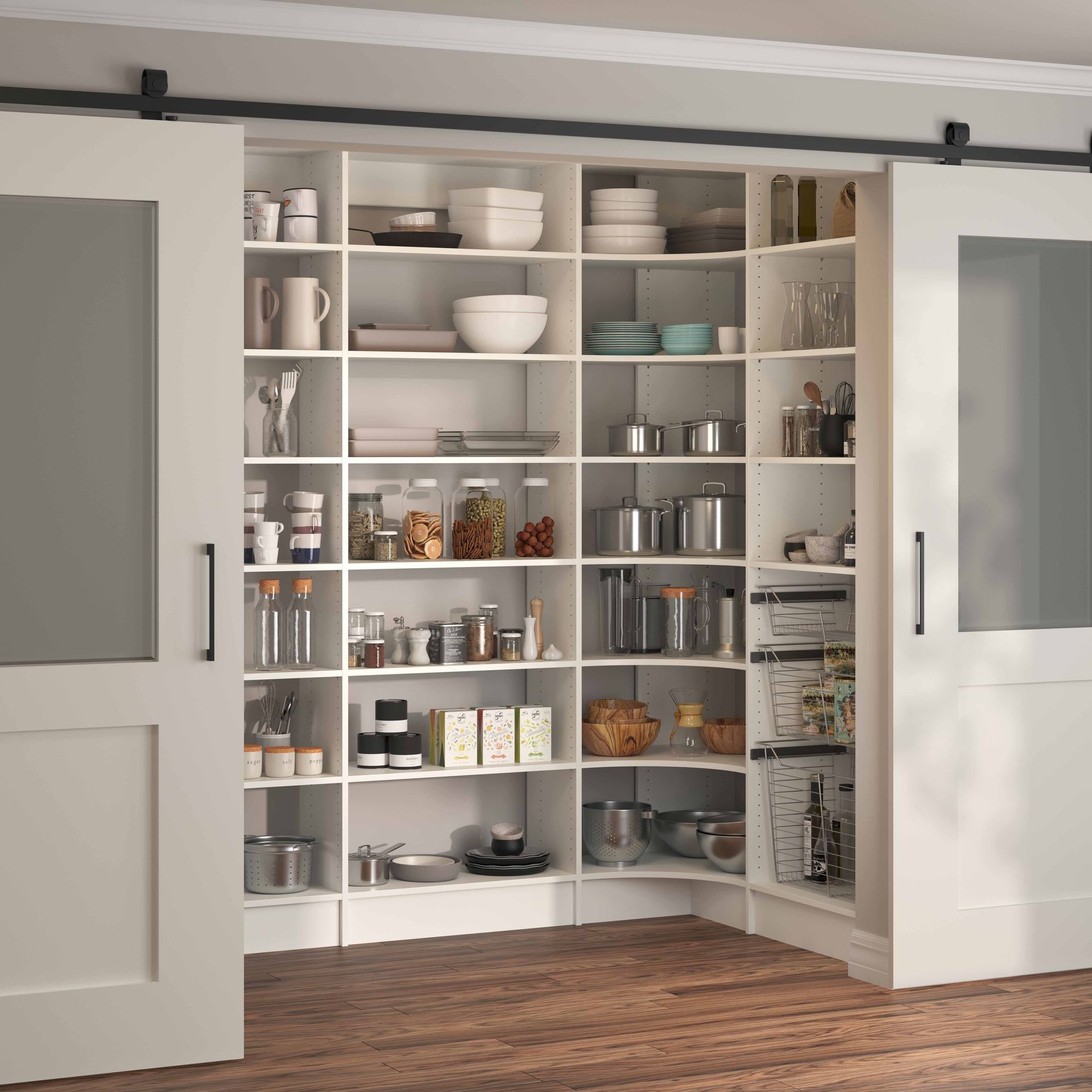 Open pantry closet with white shelves stocked with dishes, jars, and kitchen items.